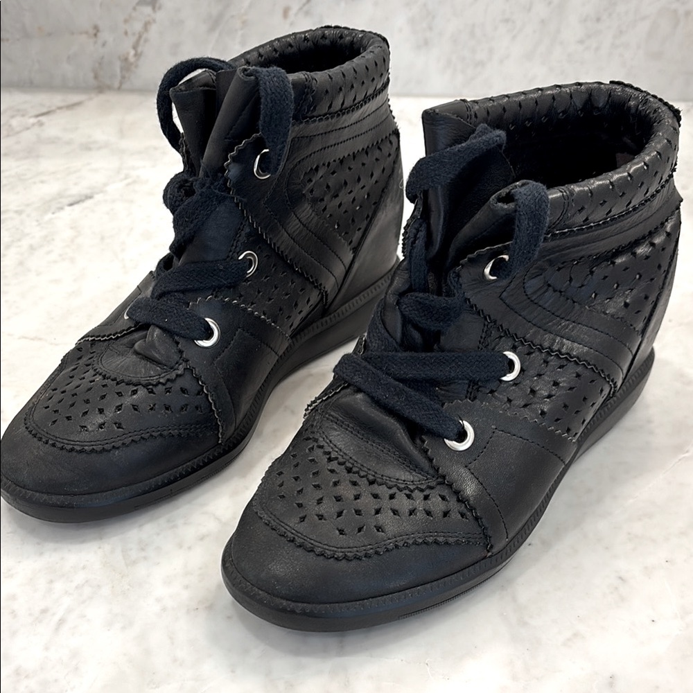 Isabel Marant Black Perforated High-Top Sneakers with hidden wedge heel